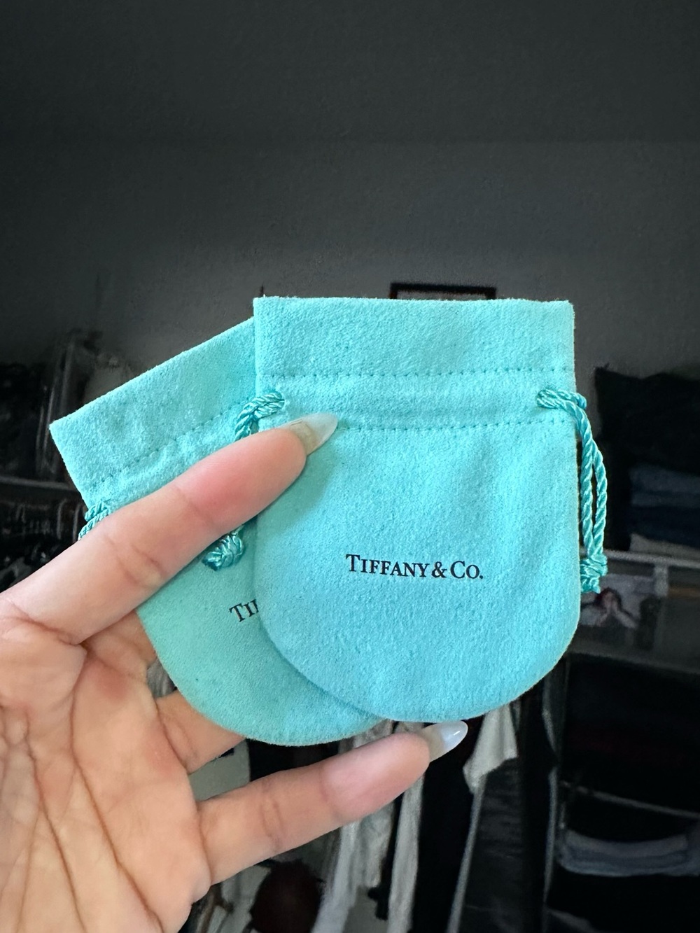 TWO TIFFANY & CO. DRAWSTRING JEWELRY BAGS SMALL